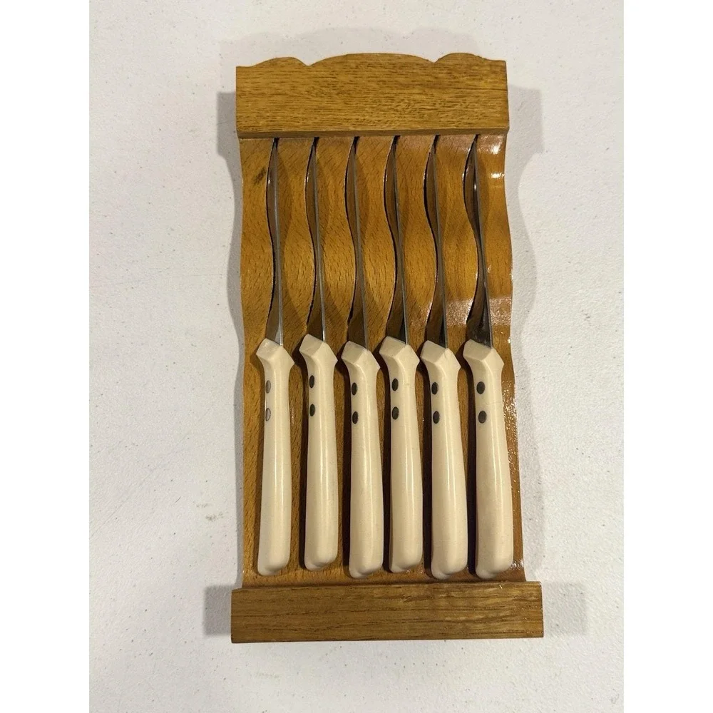 Vtg Japan Stainless Steel Steak Knife Set Of 6 W/ Wood Storage Tray & Box